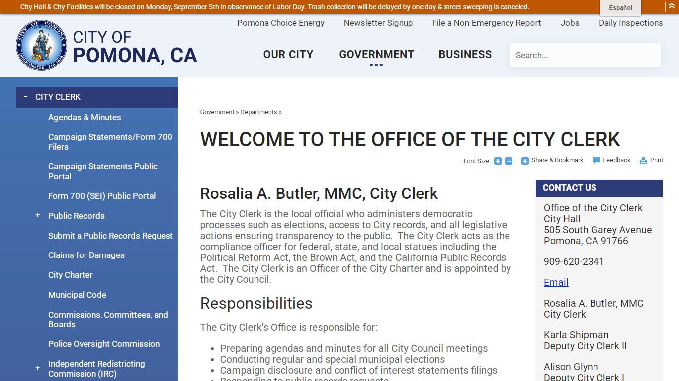 WELCOME TO THE OFFICE OF THE CITY CLERK | Pomona, CA